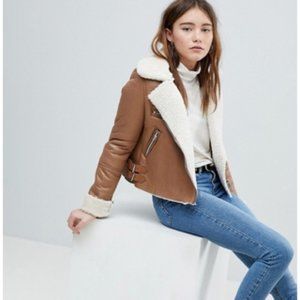 Bershka Moto faux shearling beige cream jacket